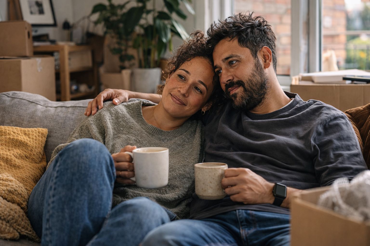 Couple relaxing in their new home
